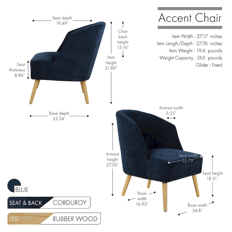 Corduroy Accent Barrel Chair with Contoured Back and Rubberwood Legs