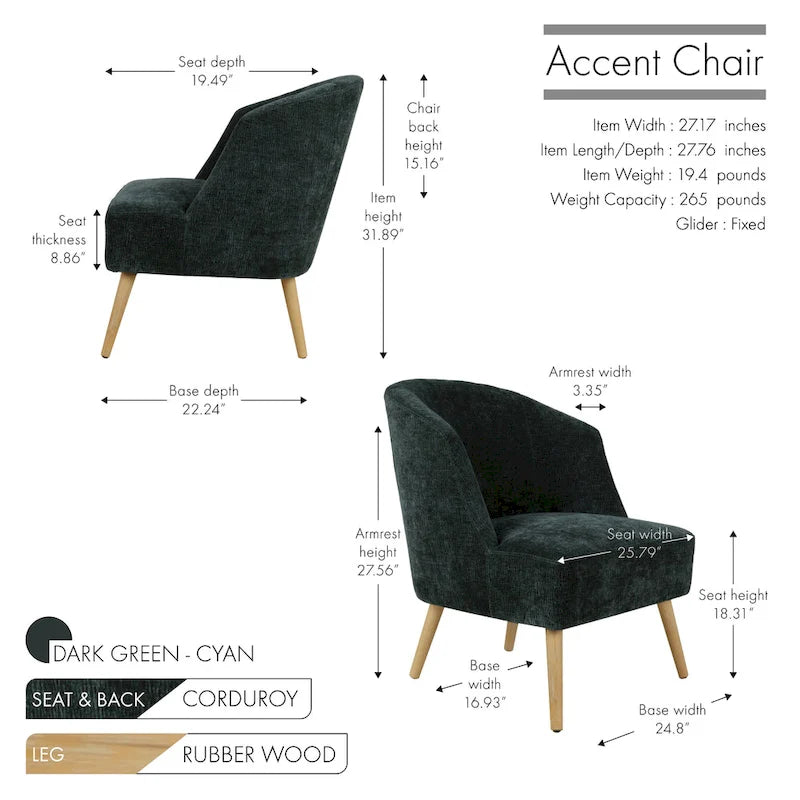 Corduroy Accent Barrel Chair with Contoured Back and Rubberwood Legs
