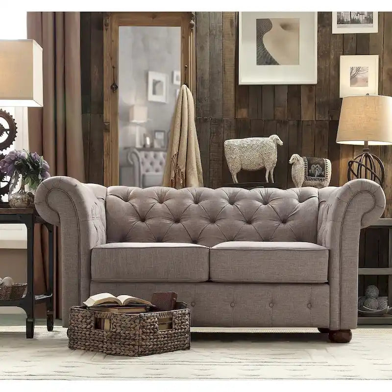 Chesterfield Loveseat with Button-Tufted Rolled Arms and Espresso Bun Feet