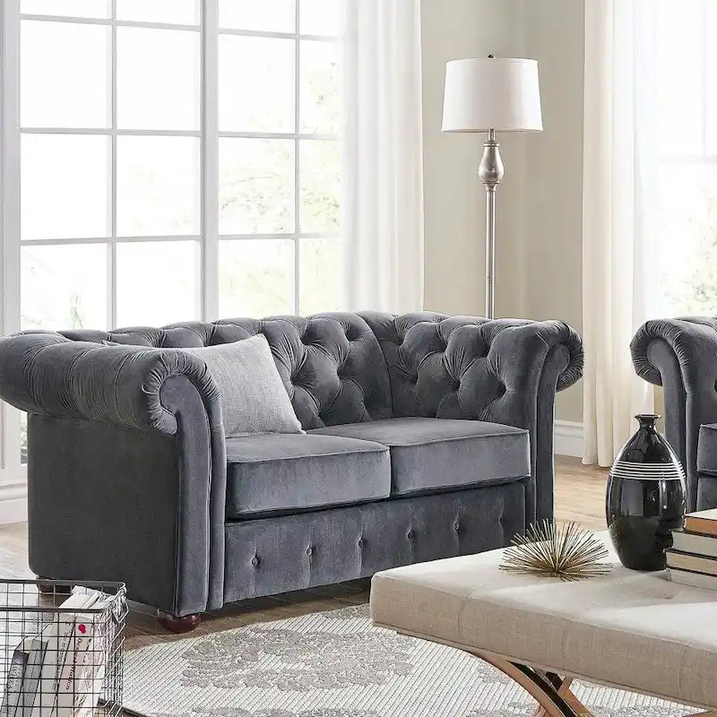 Chesterfield Loveseat with Button-Tufted Rolled Arms and Espresso Bun Feet