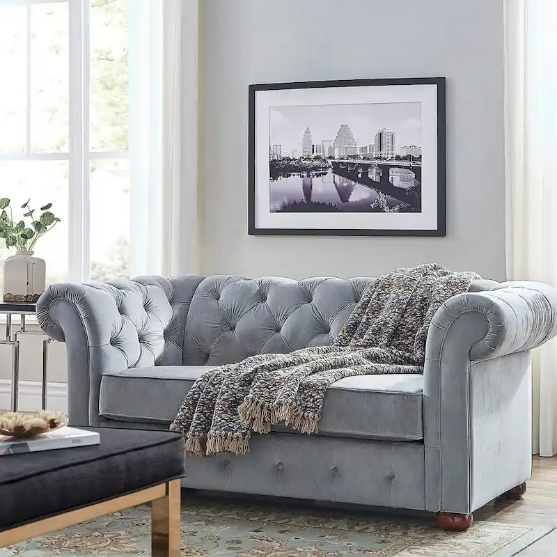 Chesterfield Loveseat with Button-Tufted Rolled Arms and Espresso Bun Feet