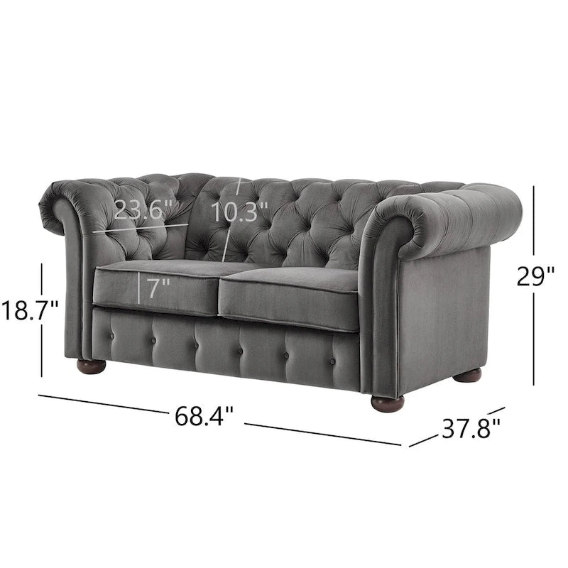 Chesterfield Loveseat with Button-Tufted Rolled Arms and Espresso Bun Feet