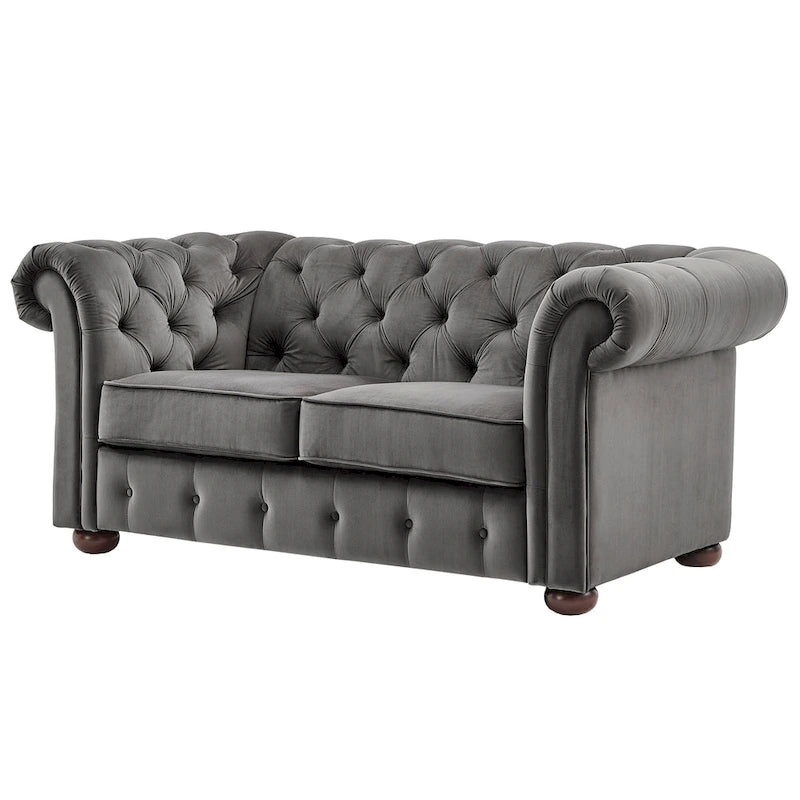 Chesterfield Loveseat with Button-Tufted Rolled Arms and Espresso Bun Feet