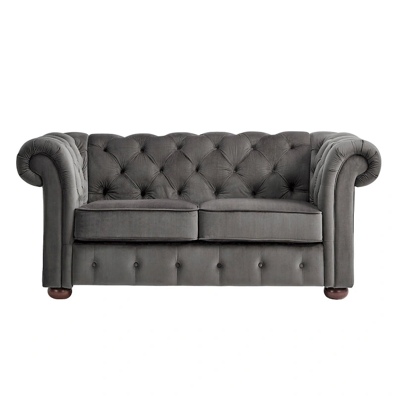 Chesterfield Loveseat with Button-Tufted Rolled Arms and Espresso Bun Feet
