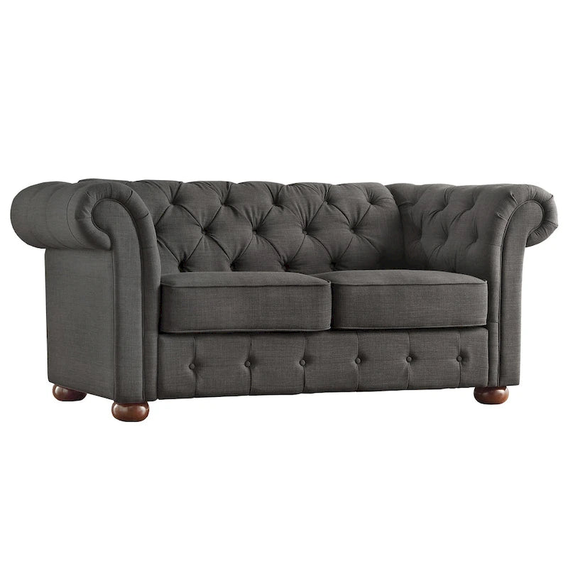 Chesterfield Loveseat with Button-Tufted Rolled Arms and Espresso Bun Feet