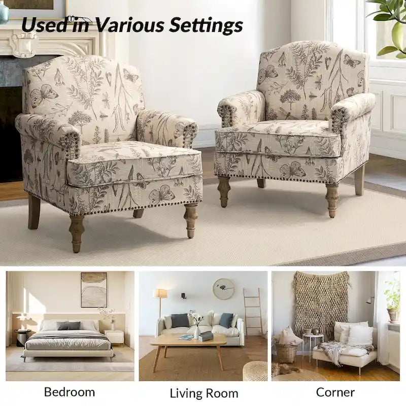 Farmhouse Nailhead Accent Armchair with Rolled Arms - Set of 2