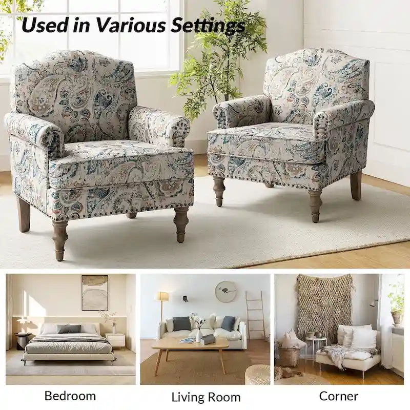 Farmhouse Nailhead Accent Armchair with Rolled Arms - Set of 2