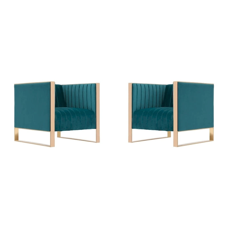 Velvet Accent Chair with Rose Gold Metal Frame and Vertical Channel Stitching - Set of 2