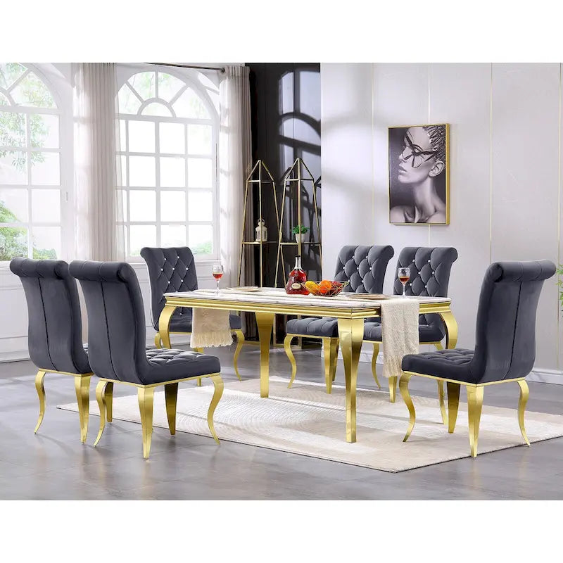 Velvet Upholstered Chairs with Crystal Decor Button Tufted back and Mirror metal Cabriole Legs