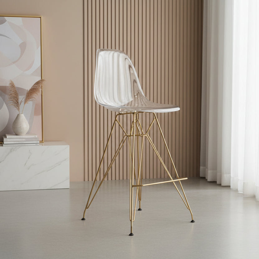 LeisureMod Cresco Acrylic Barstool with Gold Chrome Base and Footrest
