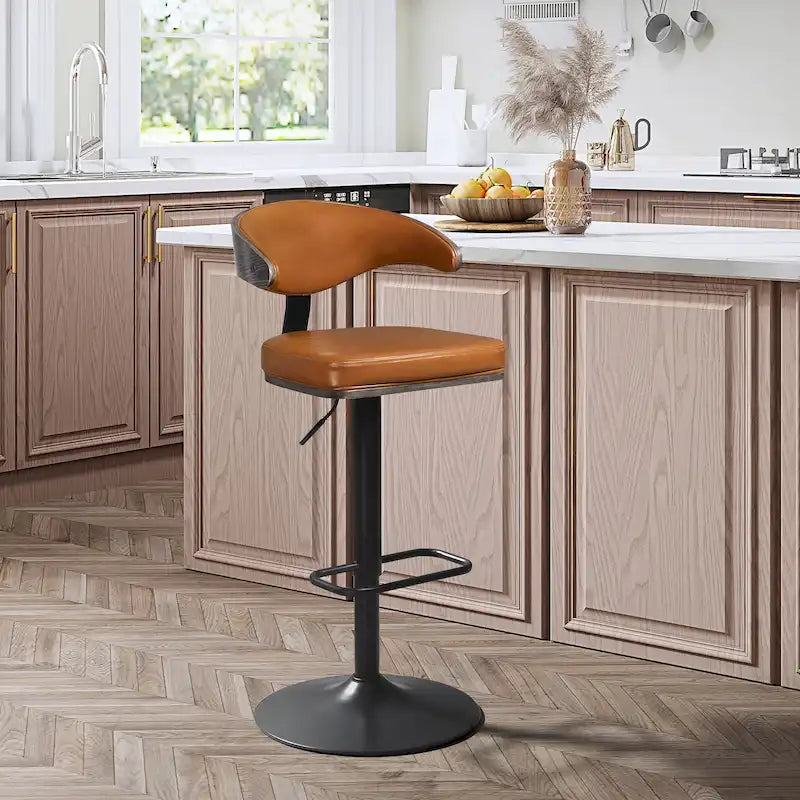 Bentwood Swivel Adjustable Barstool with Faux Leather Seat and Metal Base