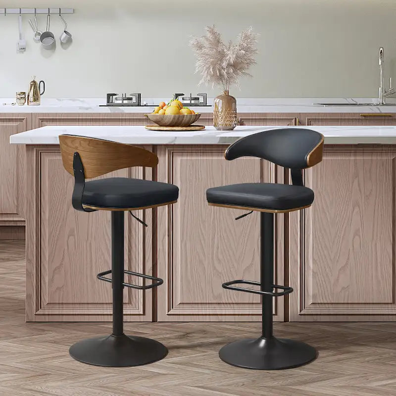 Bentwood Swivel Adjustable Barstool with Faux Leather Seat and Metal Base