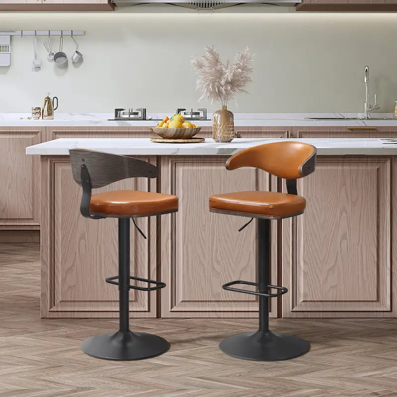 Bentwood Swivel Adjustable Barstool with Faux Leather Seat and Metal Base