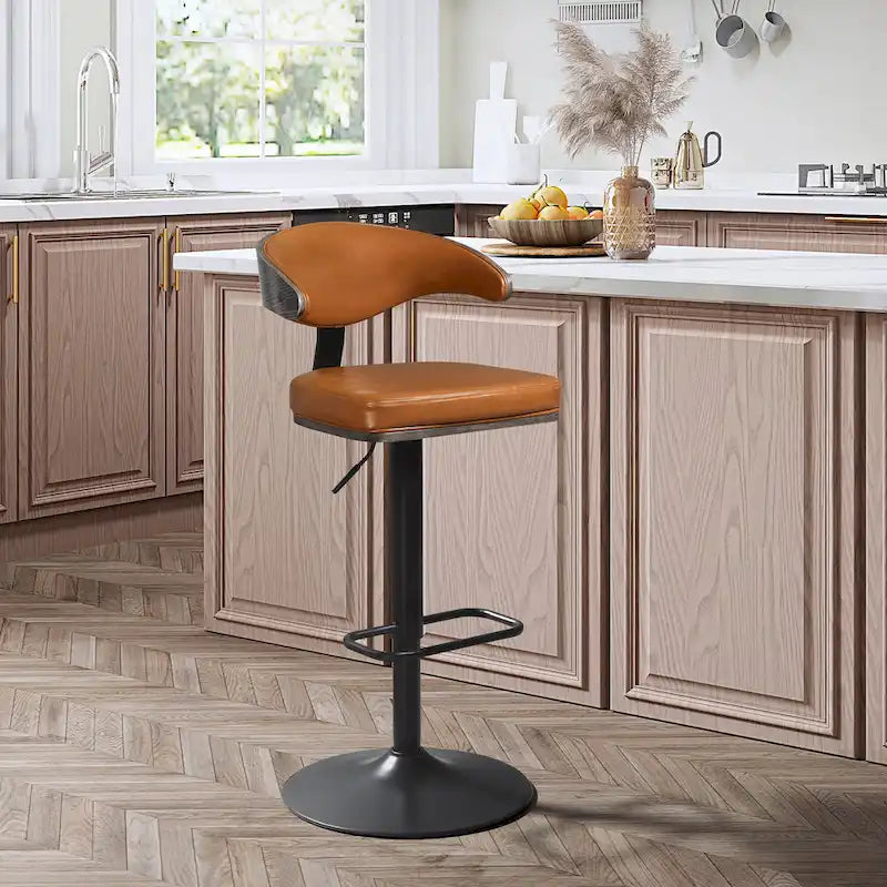 Bentwood Swivel Adjustable Barstool with Faux Leather Seat and Metal Base