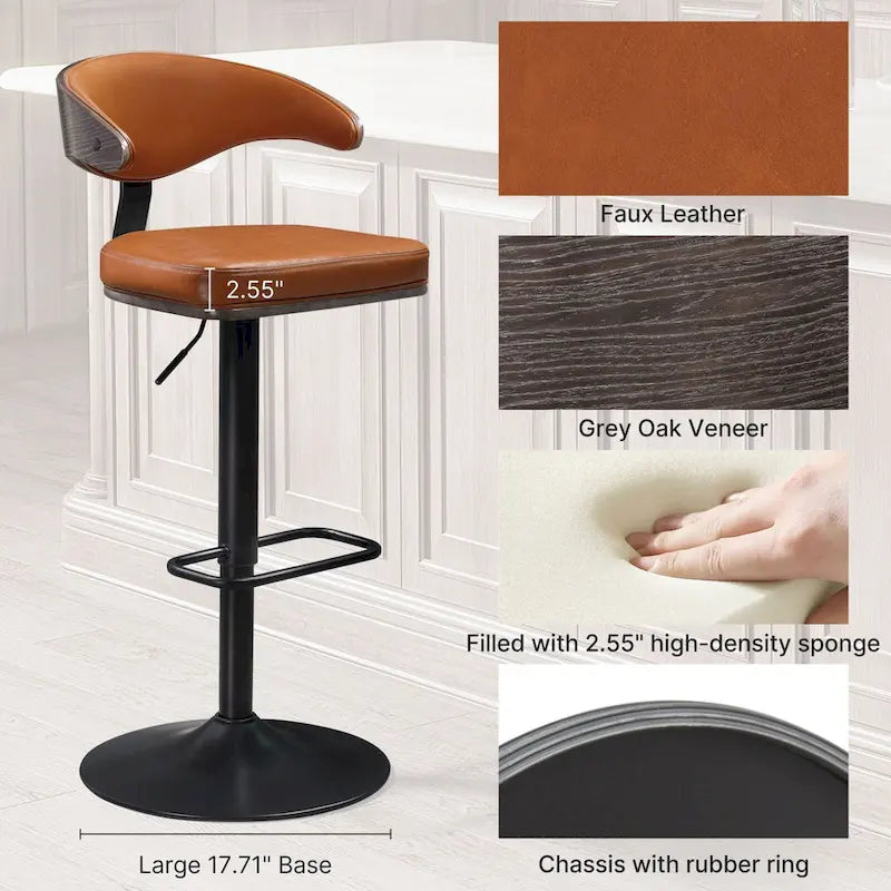 Bentwood Swivel Adjustable Barstool with Faux Leather Seat and Metal Base