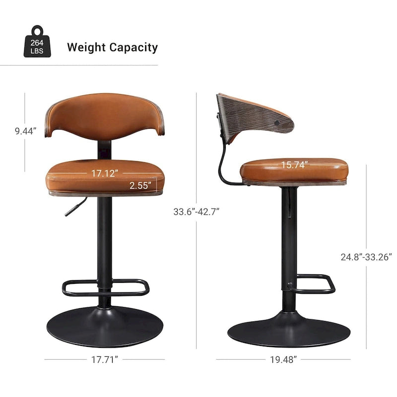 Bentwood Swivel Adjustable Barstool with Faux Leather Seat and Metal Base
