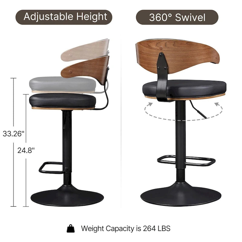 Bentwood Swivel Adjustable Barstool with Faux Leather Seat and Metal Base