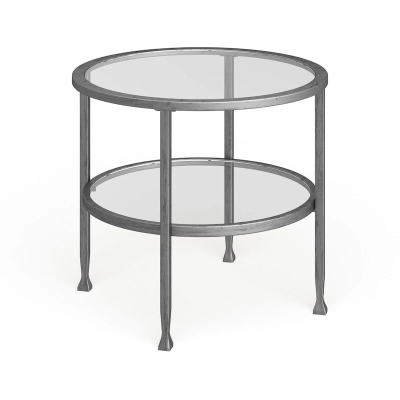 Ronde bijzettafel van zilverkleurig metaal met plank