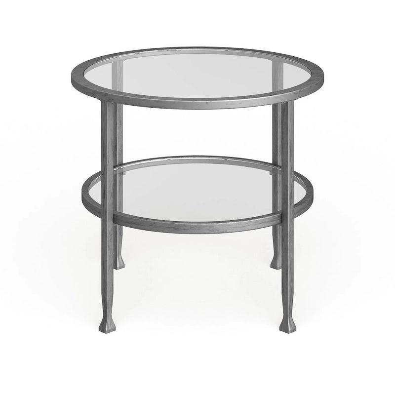 Ronde bijzettafel van zilverkleurig metaal met plank