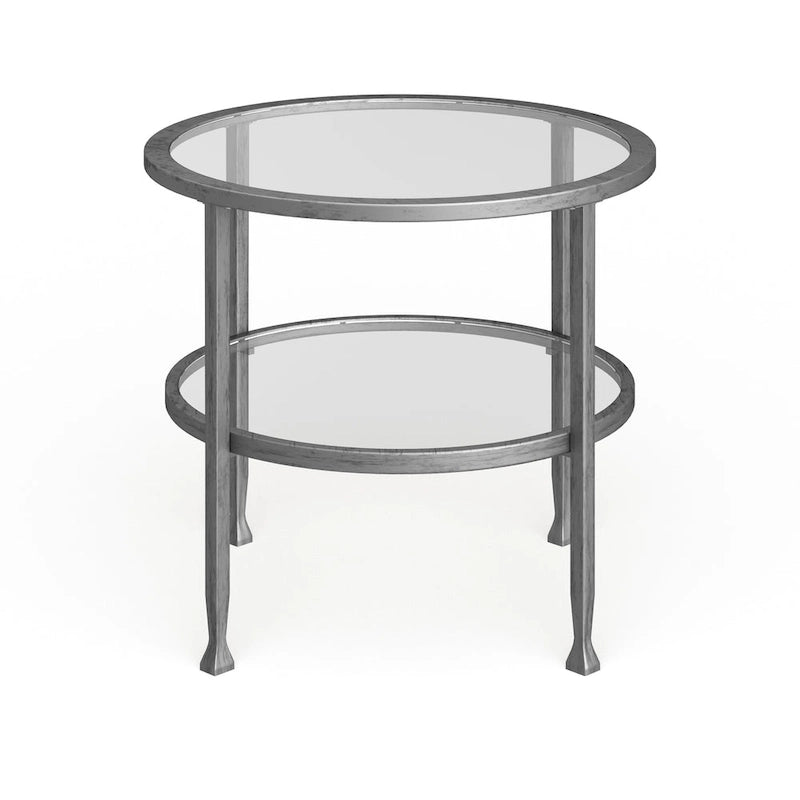 Ronde bijzettafel van zilverkleurig metaal met plank