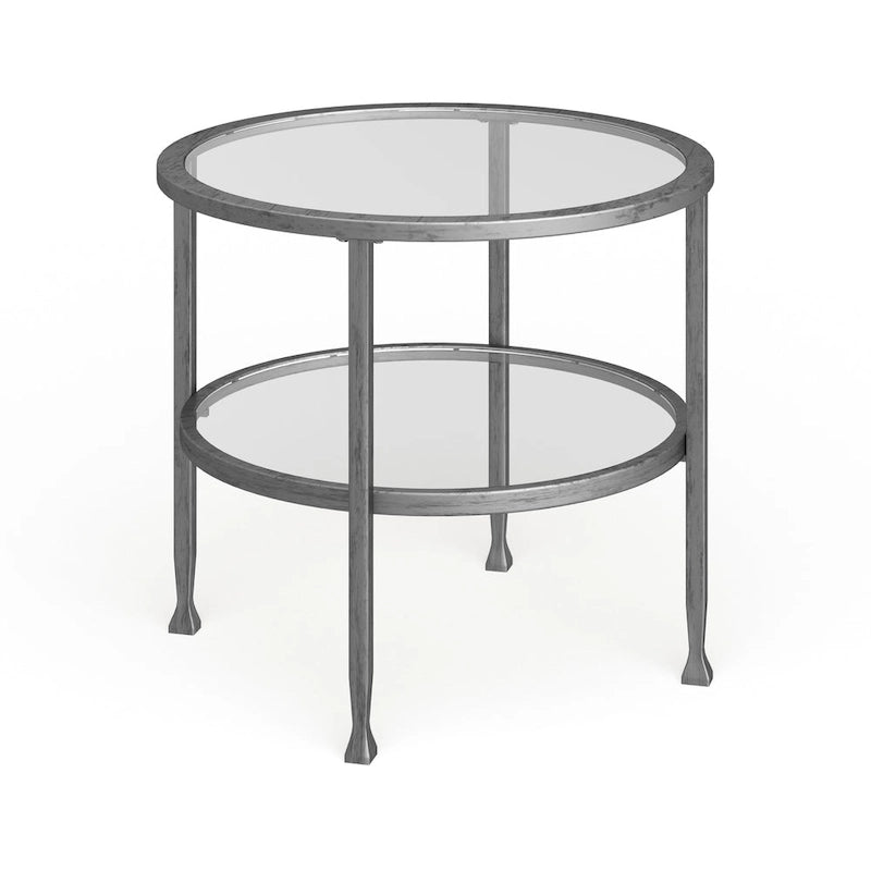 Ronde bijzettafel van zilverkleurig metaal met plank