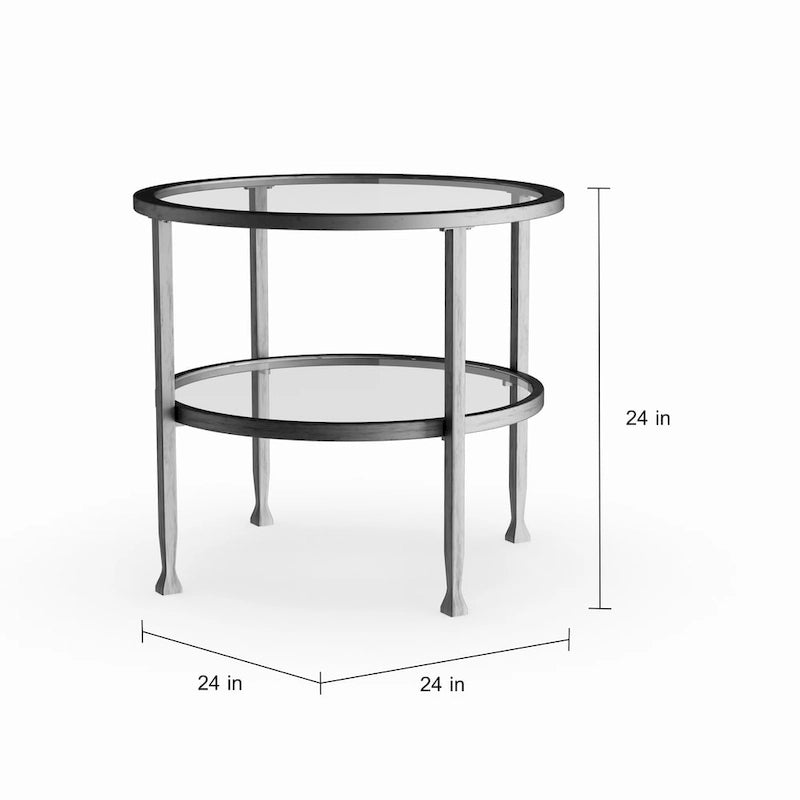 Ronde bijzettafel van zilverkleurig metaal met plank