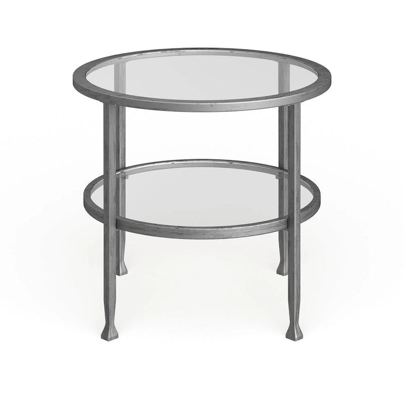 Ronde bijzettafel van zilverkleurig metaal met plank