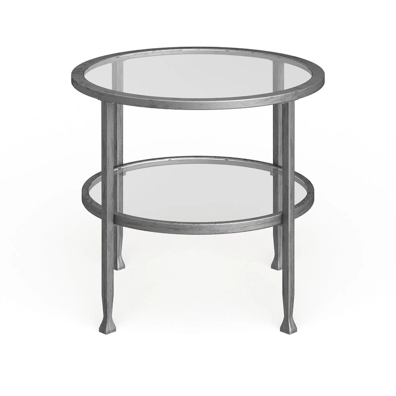 Ronde bijzettafel van zilverkleurig metaal met plank