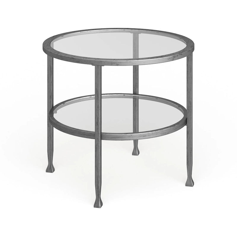 Ronde bijzettafel van zilverkleurig metaal met plank