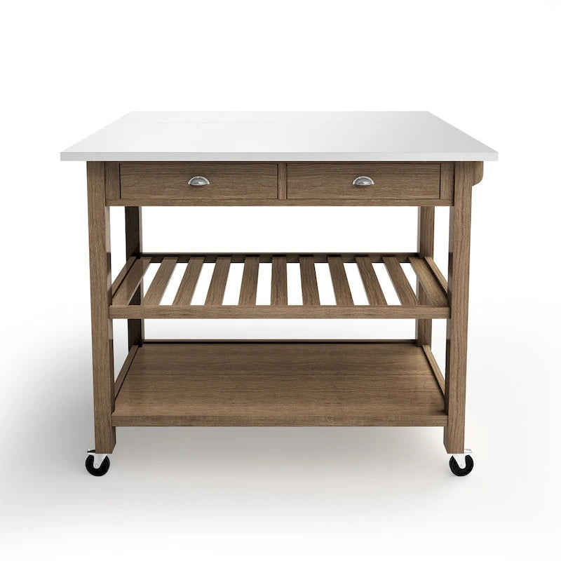 Solid Acacia Wood Drop Leaf Kitchen Cart with Stainless Steel Top and Caster Wheels