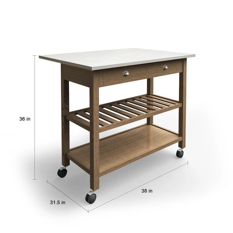 Solid Acacia Wood Drop Leaf Kitchen Cart with Stainless Steel Top and Caster Wheels
