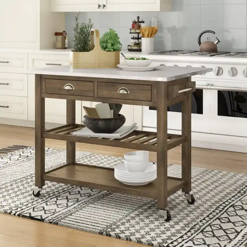 Solid Acacia Wood Drop Leaf Kitchen Cart with Stainless Steel Top and Caster Wheels