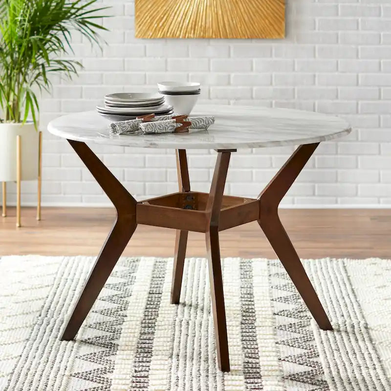 42-Inch Round Dining Table with Faux Marble Top and Walnut Legs
