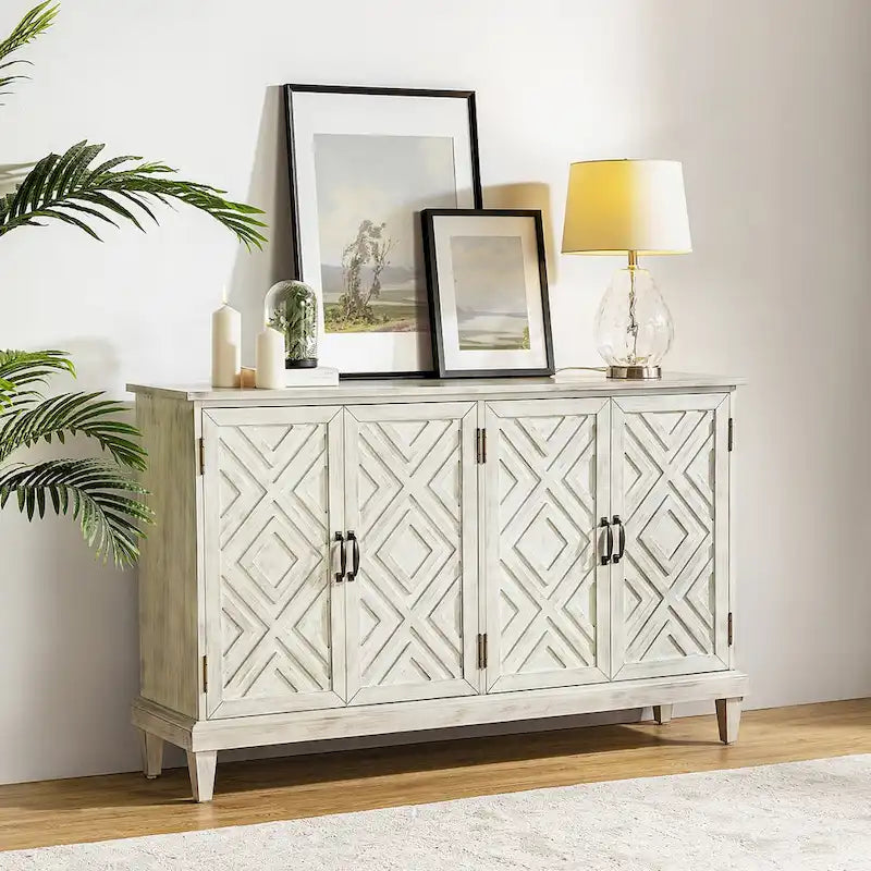 Traditional Distressed Storage Sideboard with Diamond Door Pattern and Adjustable Shelves
