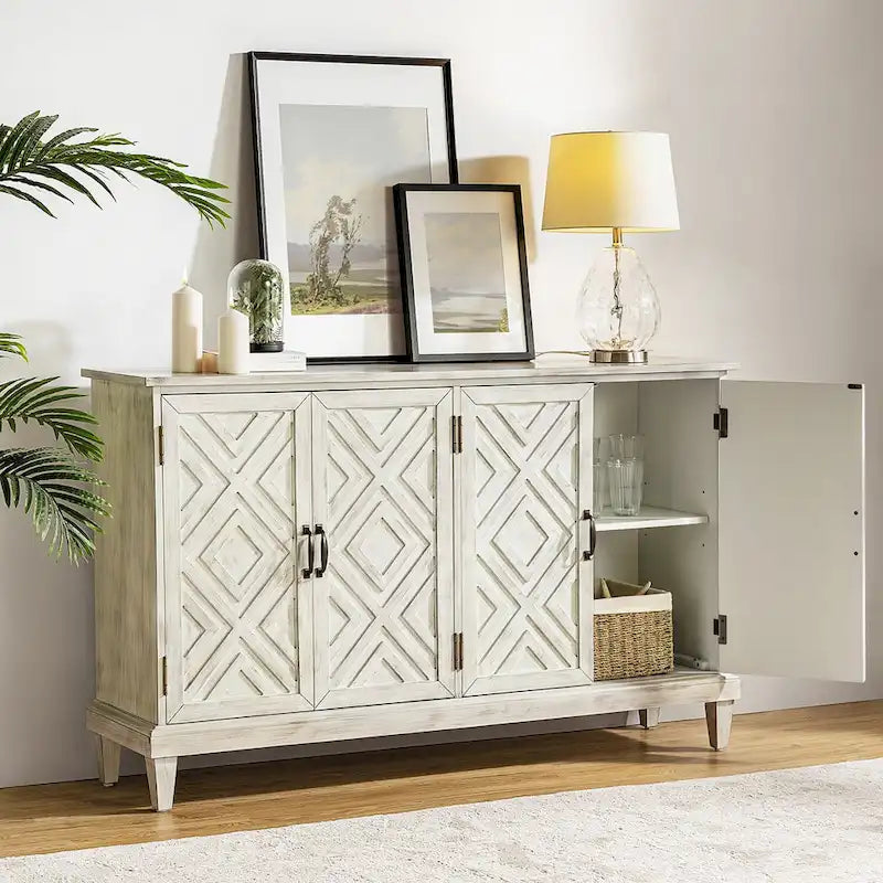 Traditional Distressed Storage Sideboard with Diamond Door Pattern and Adjustable Shelves