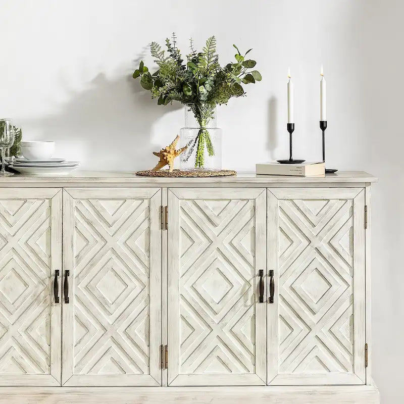 Traditional Distressed Storage Sideboard with Diamond Door Pattern and Adjustable Shelves