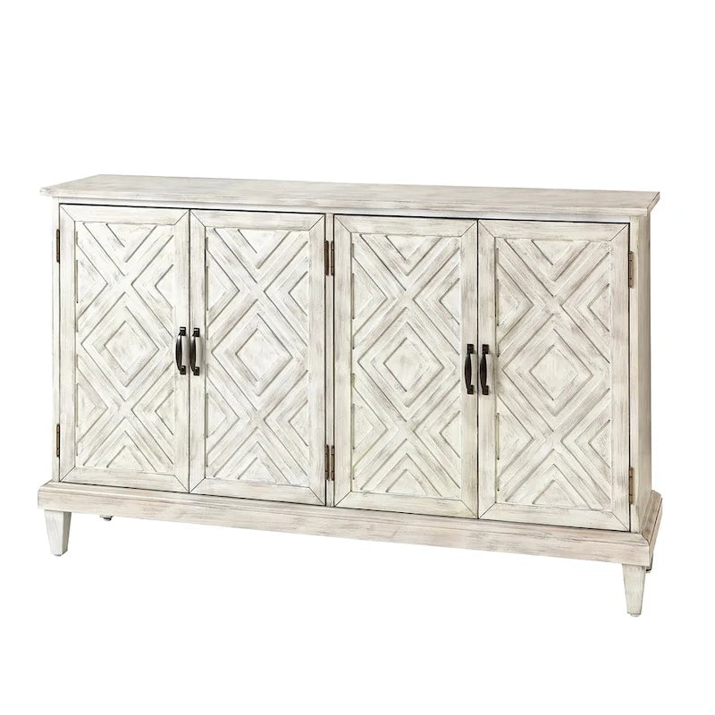 Traditional Distressed Storage Sideboard with Diamond Door Pattern and Adjustable Shelves