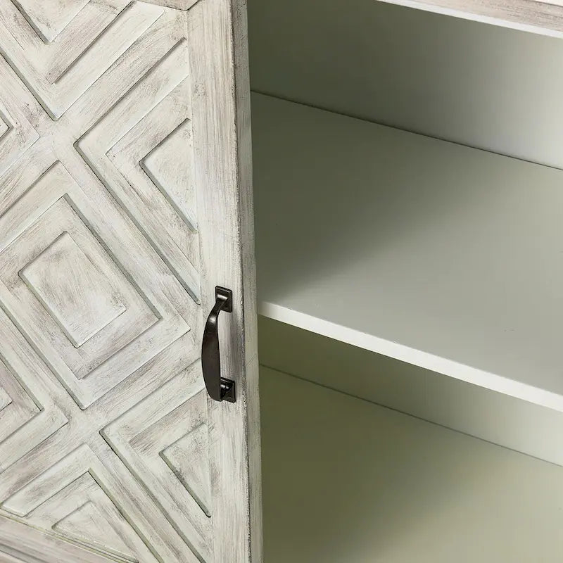 Traditional Distressed Storage Sideboard with Diamond Door Pattern and Adjustable Shelves