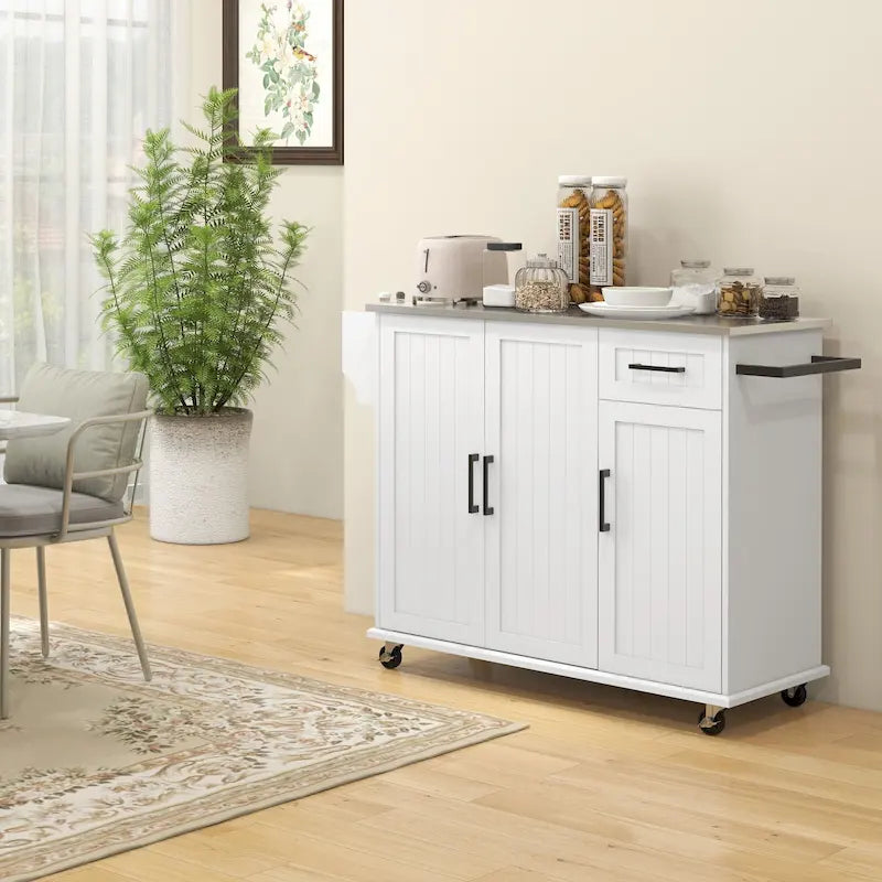 Rolling Kitchen Island with Stainless Steel Top, 2 Drawers and 3 Cabinets