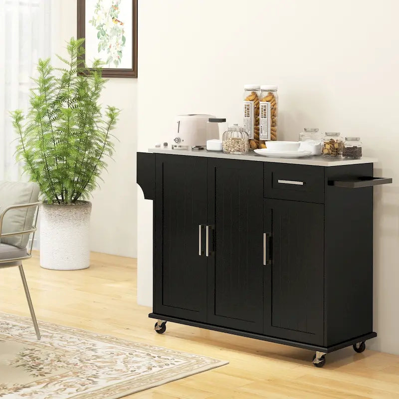 Rolling Kitchen Island with Stainless Steel Top, 2 Drawers and 3 Cabinets