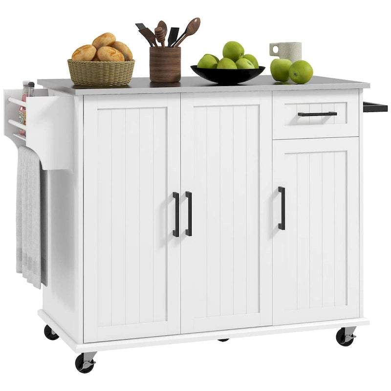 Rolling Kitchen Island with Stainless Steel Top, 2 Drawers and 3 Cabinets