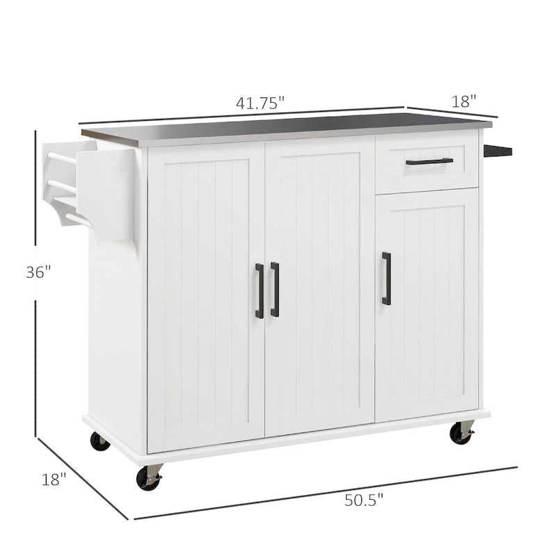 Rolling Kitchen Island with Stainless Steel Top, 2 Drawers and 3 Cabinets