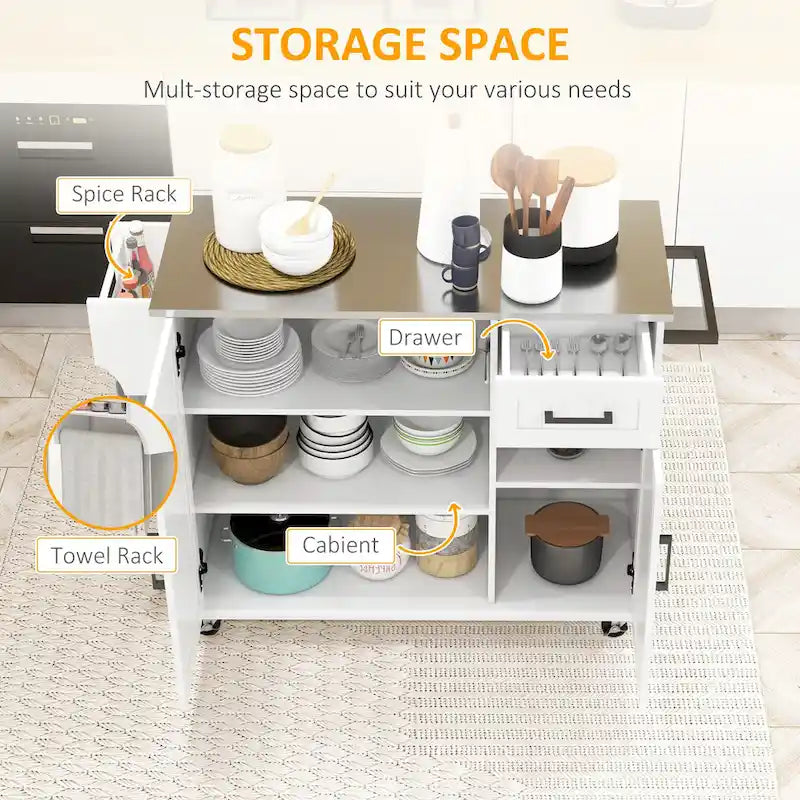 Rolling Kitchen Island with Stainless Steel Top, 2 Drawers and 3 Cabinets