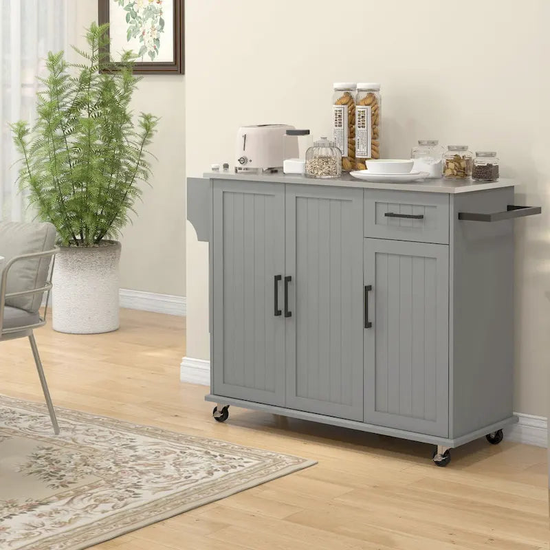 Rolling Kitchen Island with Stainless Steel Top, 2 Drawers and 3 Cabinets