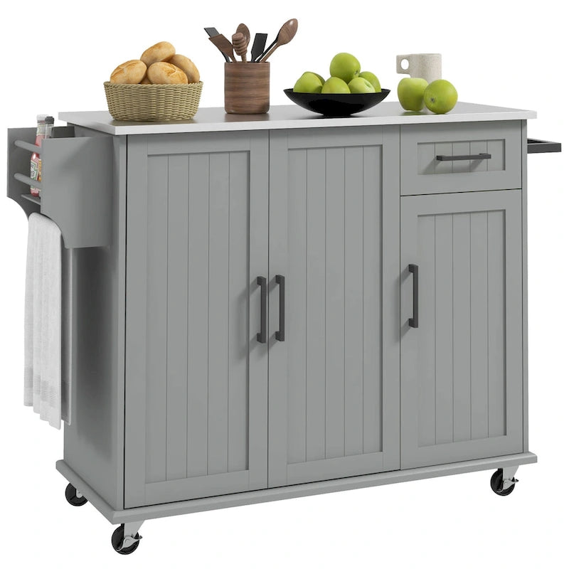 Rolling Kitchen Island with Stainless Steel Top, 2 Drawers and 3 Cabinets