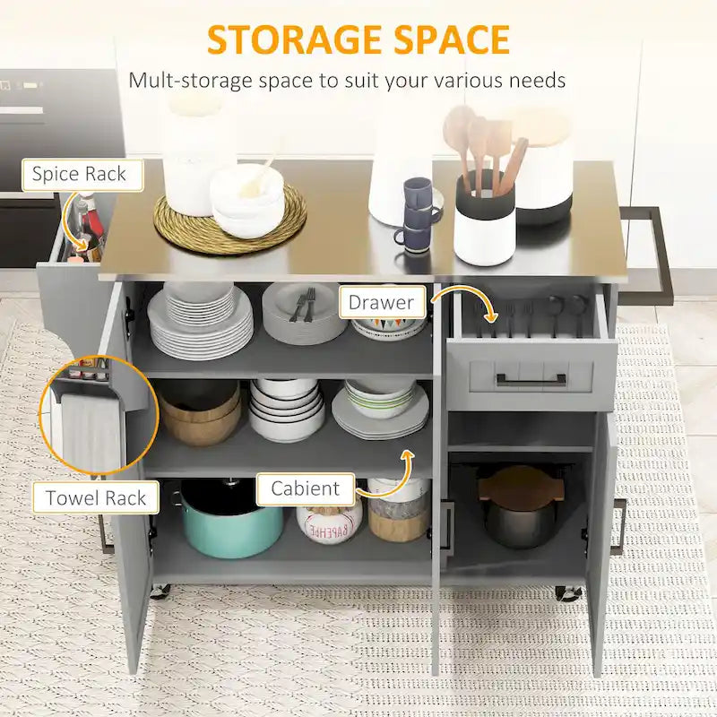 Rolling Kitchen Island with Stainless Steel Top, 2 Drawers and 3 Cabinets
