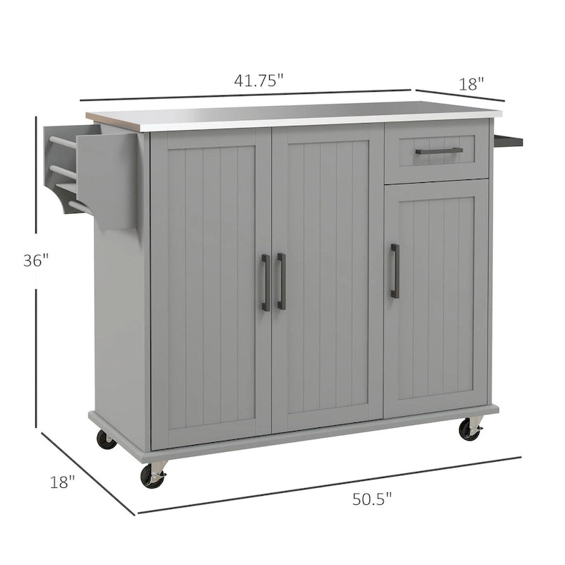 Rolling Kitchen Island with Stainless Steel Top, 2 Drawers and 3 Cabinets