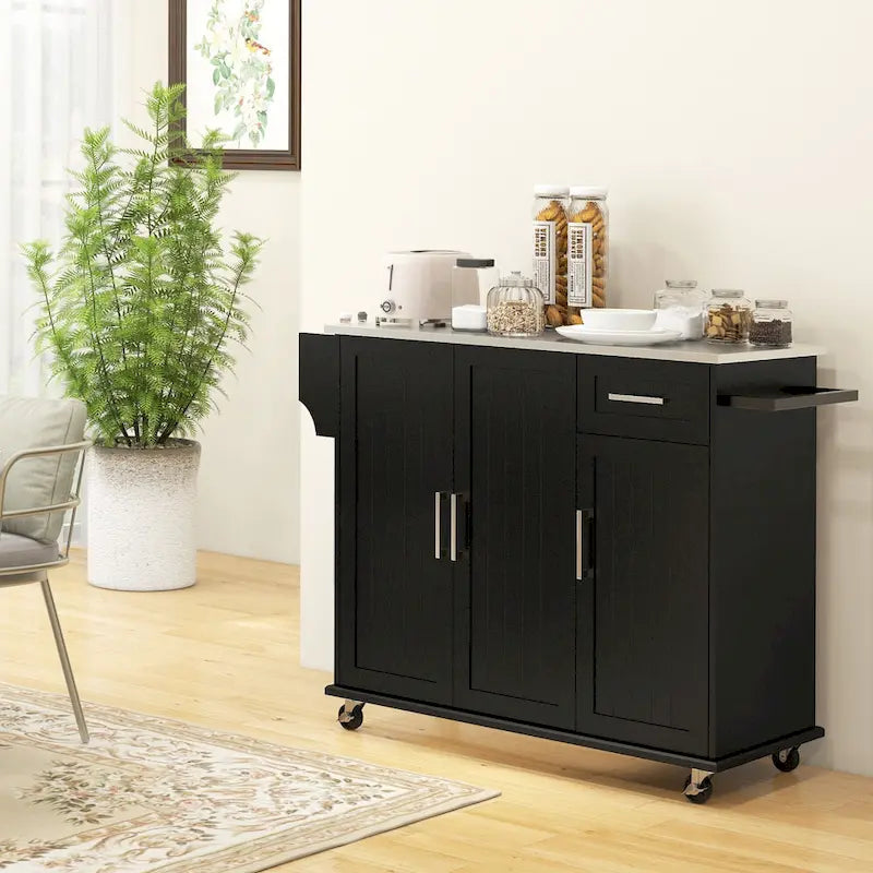 Rolling Kitchen Island with Stainless Steel Top, 2 Drawers and 3 Cabinets