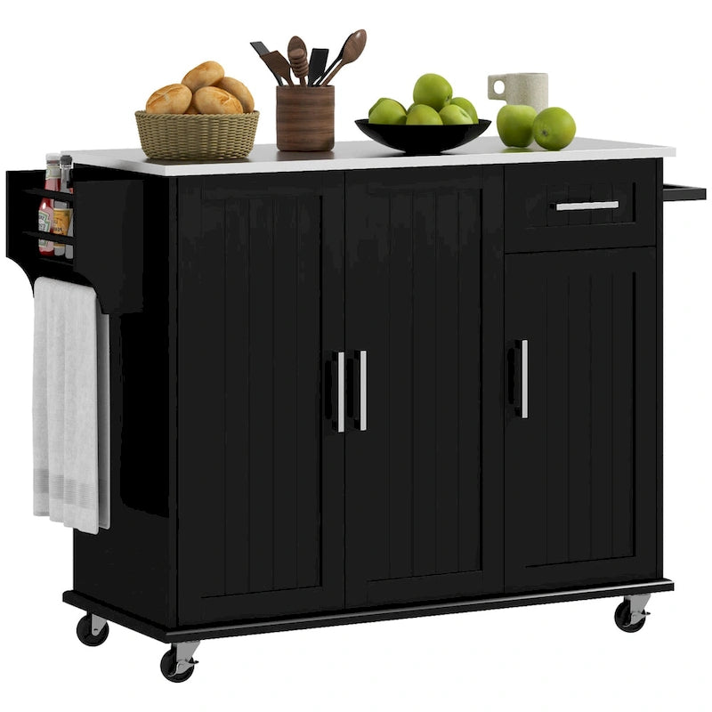 Rolling Kitchen Island with Stainless Steel Top, 2 Drawers and 3 Cabinets