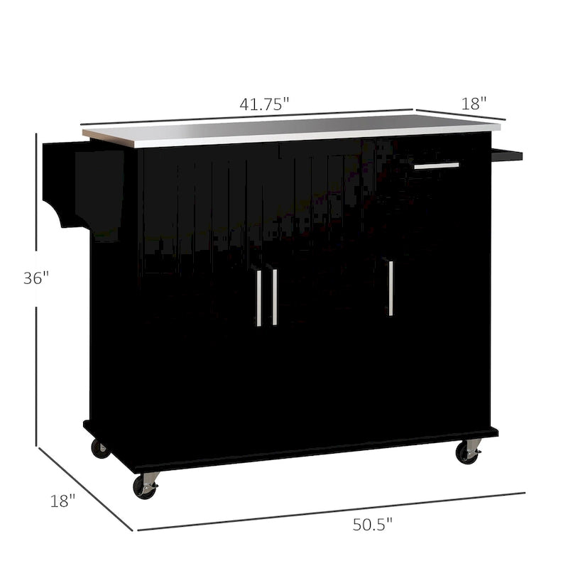 Rolling Kitchen Island with Stainless Steel Top, 2 Drawers and 3 Cabinets